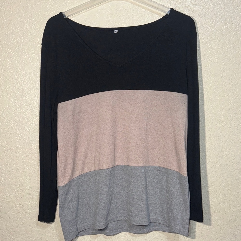 Women’s XL Colorblock Long Sleeve Top Black Pink Gray Casual Lightweight
